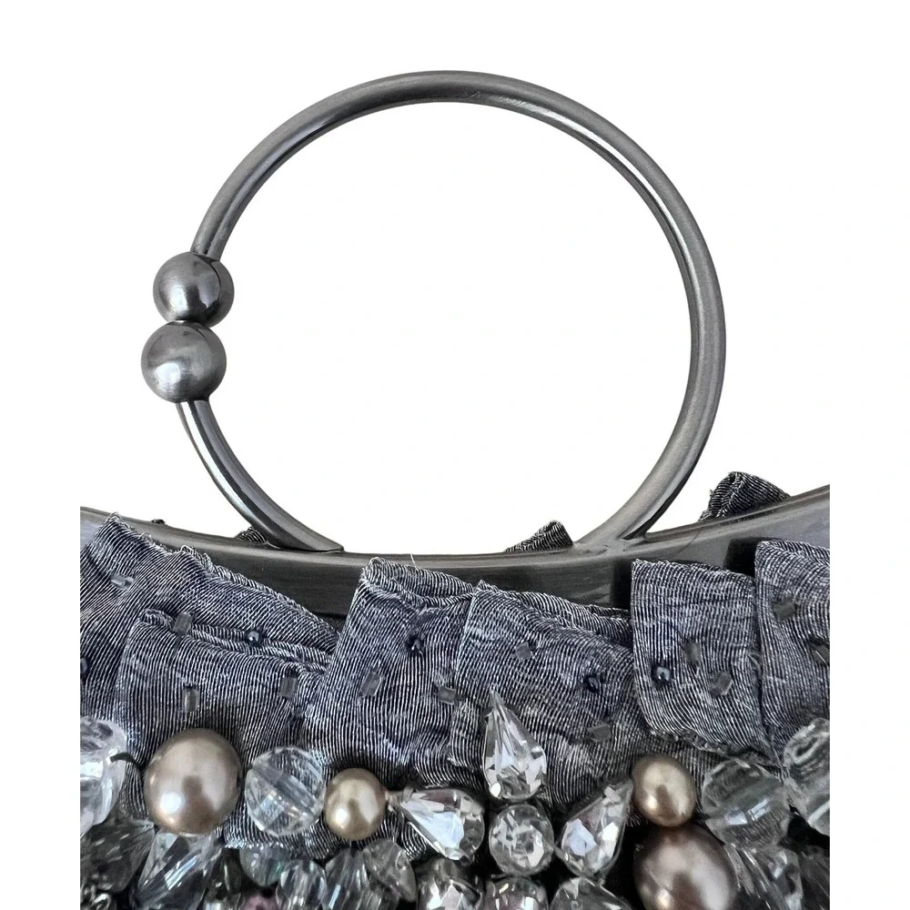 Mary Frances Beaded Evening Clutch Women OS Silver‎ Excellent Pearl Crystal Bag